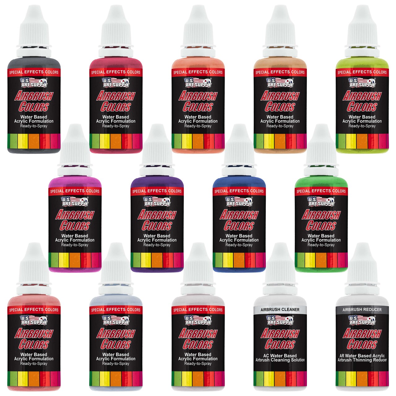 12 Color Pearlized Acrylic Airbrush Paint Set; Pearl Colors plus Reducer & Cleaner, 1 oz. Bottles